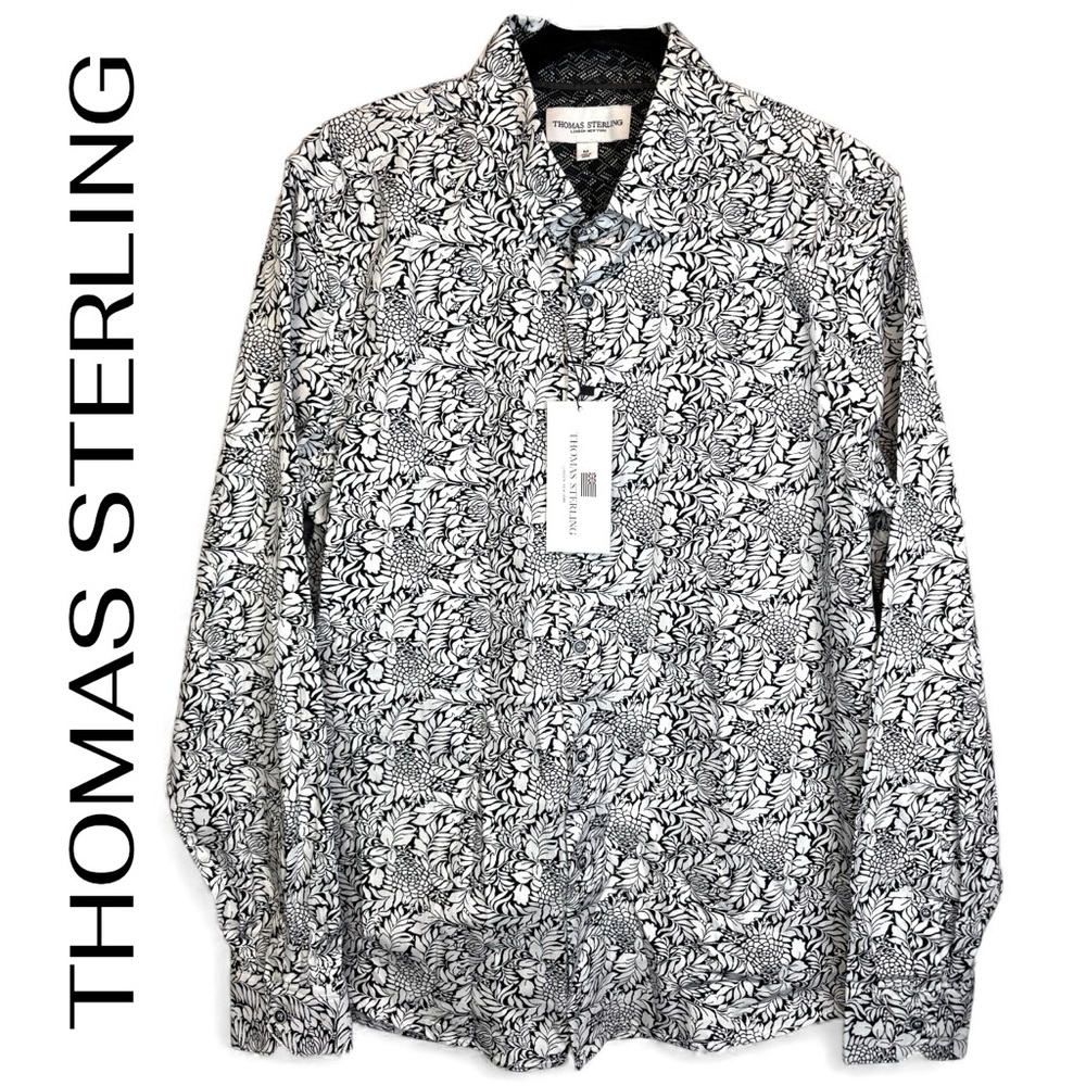 THOMAS STERLING - Men's Black White Floral Dress Shirt Medium NEW